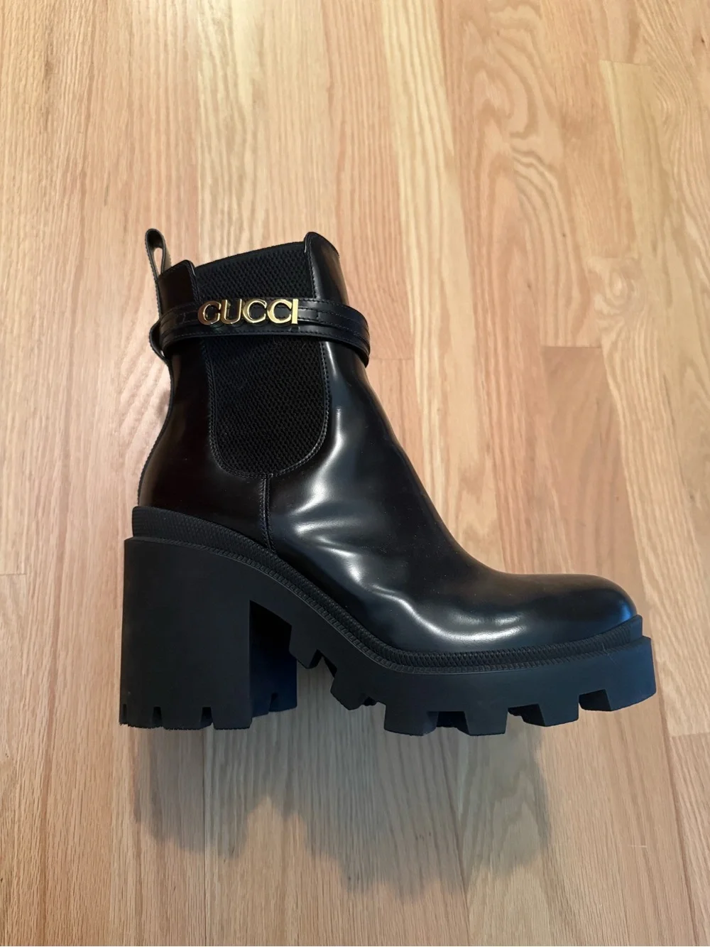 Gucci Cara Logo Boot, Leather Lug Sole Ankle Boots with Gold Logo Strap - Picture 2 of 7